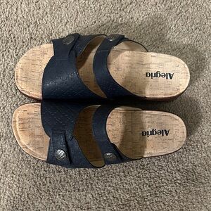 Navy Alegria Leather Adjustable Slide Sandals - Krystal